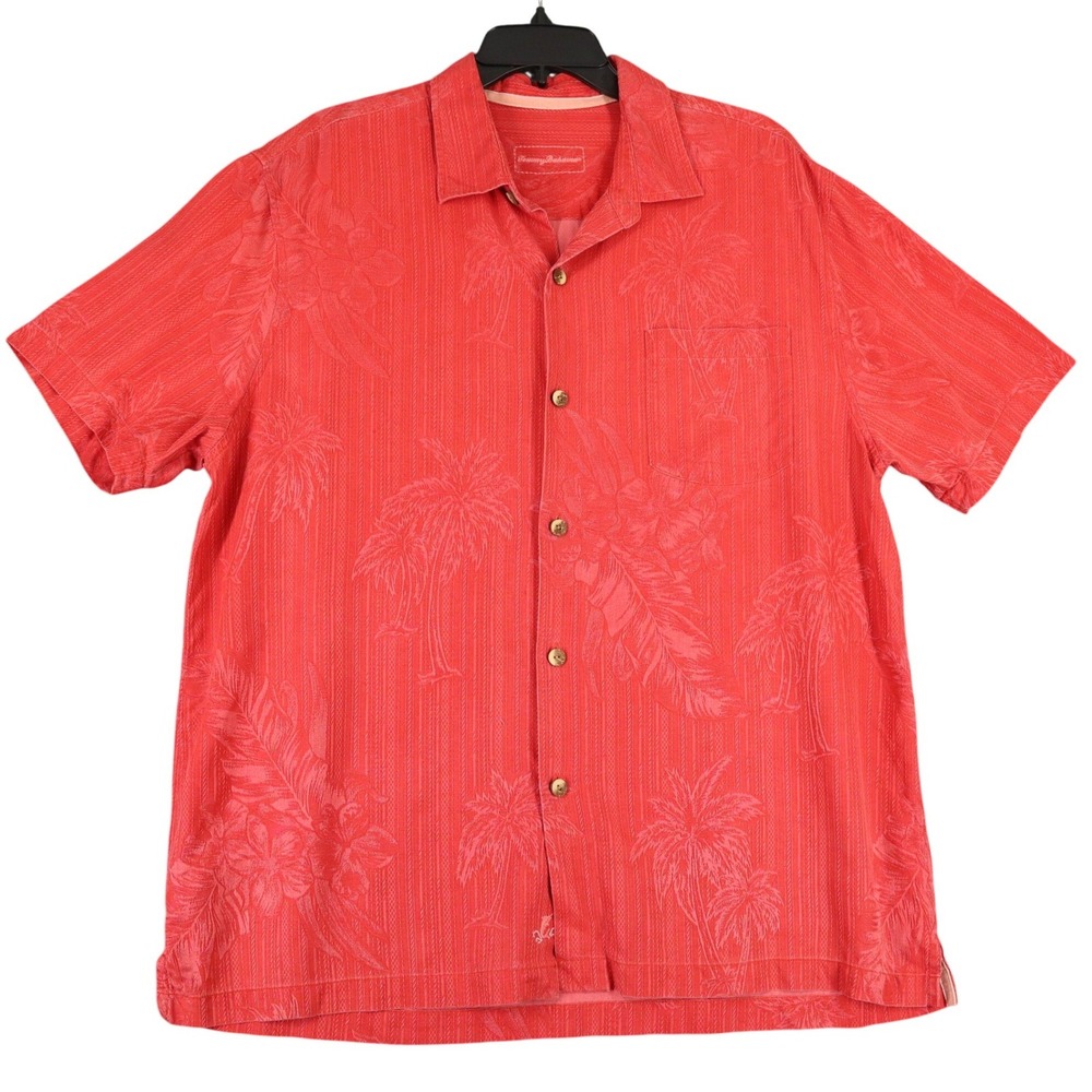 Tommy Bahama Hawaiian Camp Shirt Mens XL Coral Pink 100% Silk Floral Palm Trees
